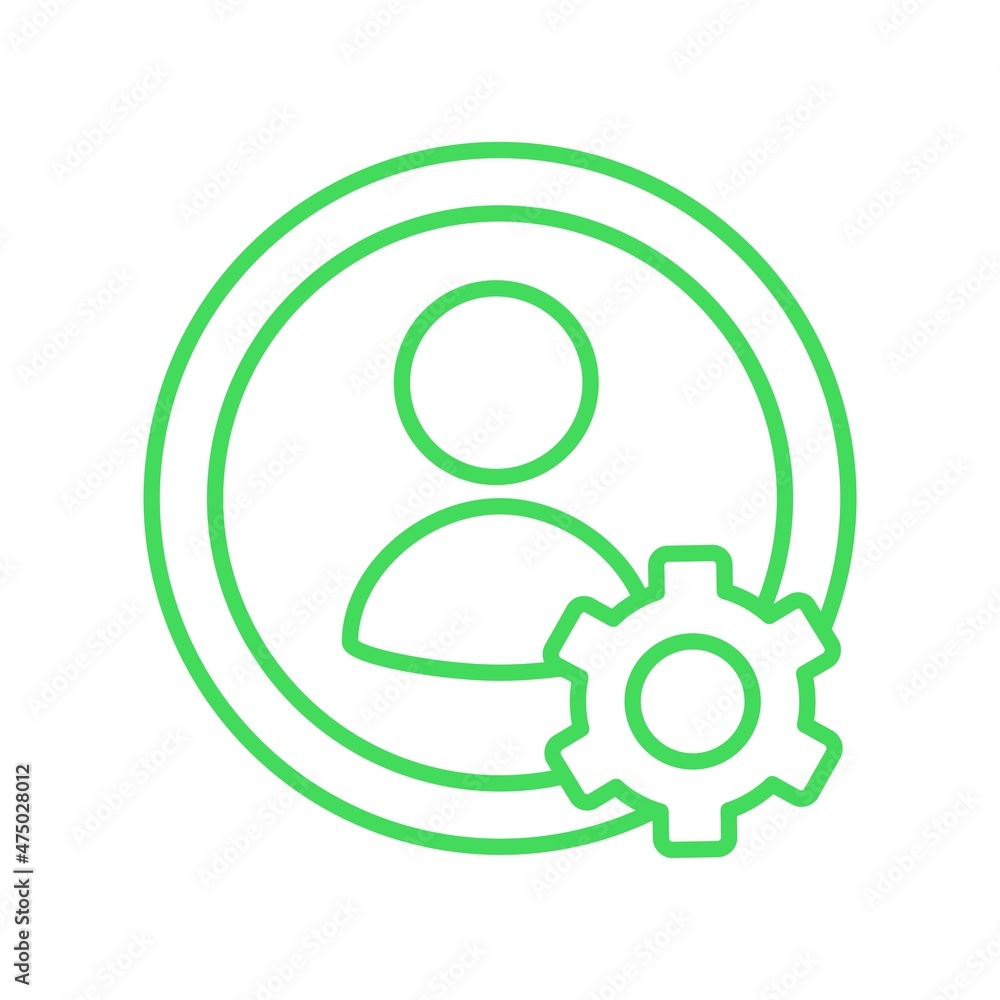 Human symbol inside a circle with a gear. Profile settings concept for web. Simple green outline vector icon with thin lines Human symbol inside a circle with a gear. Profile settings concept for web. Simple green outline vector icon with thin lines