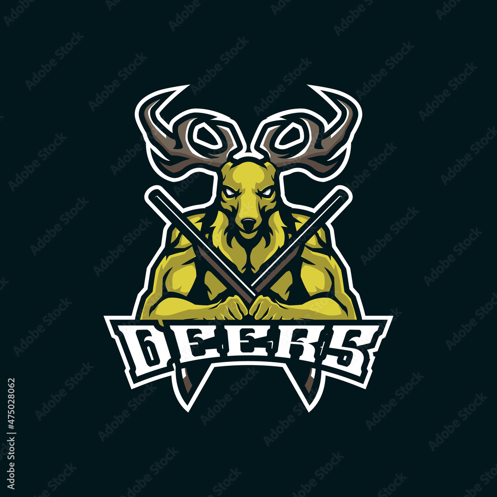 Deer mascot logo design vector with modern illustration concept style for badge, emblem and t shirt printing. Deer illustration with guns in hand.