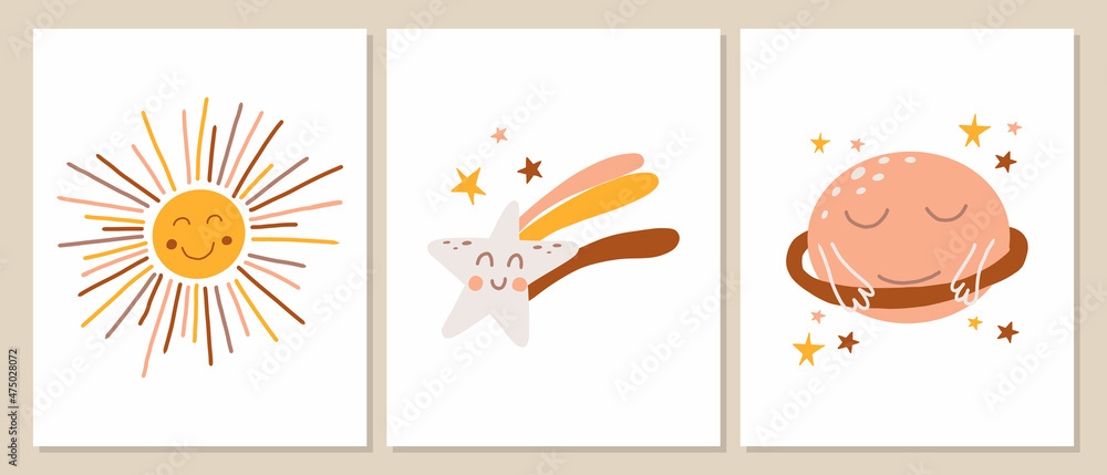 Vector set of posters with sun, planet and shooting star in kids boho style. Boho style nursery decoration. Cute posters.