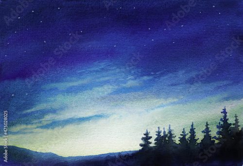 Watercolor illustration of peaceful spruce trees and blue starry sky, background for creative design, print, greeting card with fir trees, hand drawn water color drawing. © Ghen