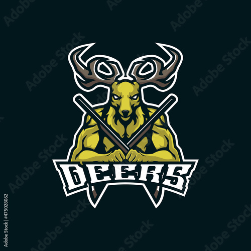 Deer mascot logo design vector with modern illustration concept style for badge, emblem and t shirt printing. Deer illustration with guns in hand.