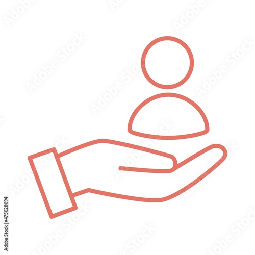 Hand supporting human symbol. User support sign for web. Simple red outline vector icon with thin lines