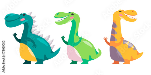Dino dinosaurs cute character set collection of colorfull funny kids children style illustration in green yellow Tyrannosaurus Rex Allosaurus