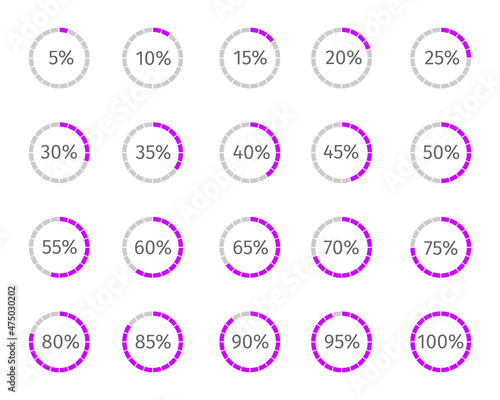 Round loading bars with percentage numbers divided on segments from 1 to 20. Progress, waiting or download symbols set. Infographic animation elements for website interface. Vector flat illustration.