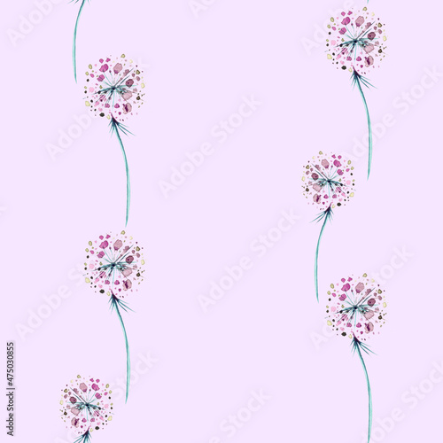 Watercolor garden flowers, branches and leaves of chives. Meadow plants botanical in seamless background for wallpapers, prints, textiles and fabric design. Dandelion flower. Art background 