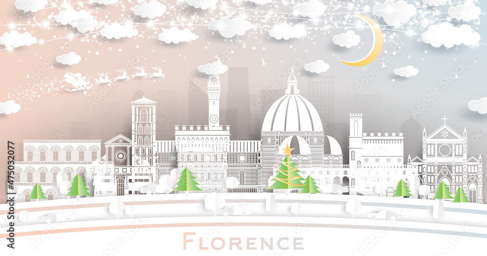 Florence Italy City Skyline in Paper Cut Style with Snowflakes, Moon and Neon Garland.