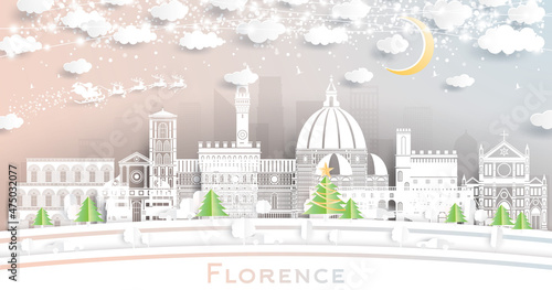Florence Italy City Skyline in Paper Cut Style with Snowflakes, Moon and Neon Garland.