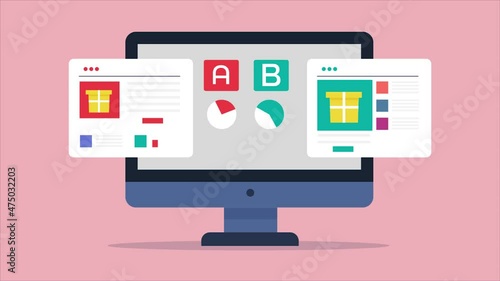 AB testing, split testing, webpage conversion optimization, comparing A and B. User experience research and marketing experiment campaign. 2d animation 4k video clip.