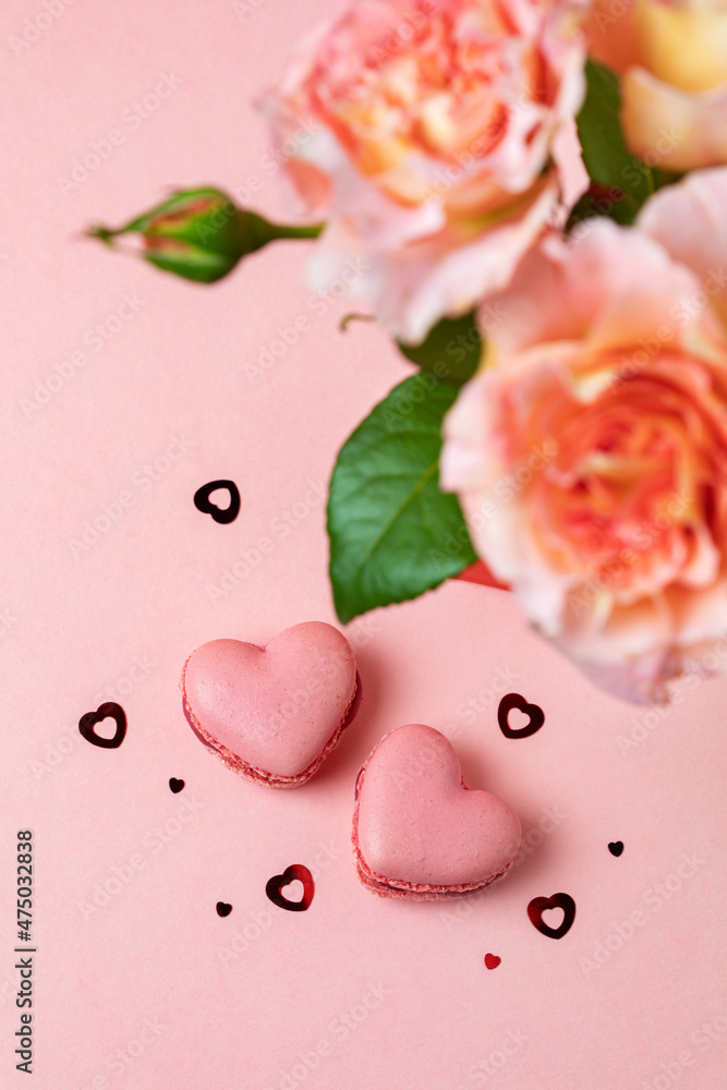 Romantic setup with coffee, macarons and roses Romantic setup with coffee, macarons and roses