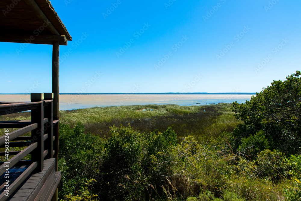 Viewpoint iSimangaliso Wetland Park, a protected area on the east coast of the South African province of KwaZulu-Natal. St. Lucia South Africa. Tourism and vacations concept