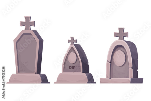 Set stone grave, memorial in cartoon style isolated on white background. Funeral, cemetery object. Afterlife monument.