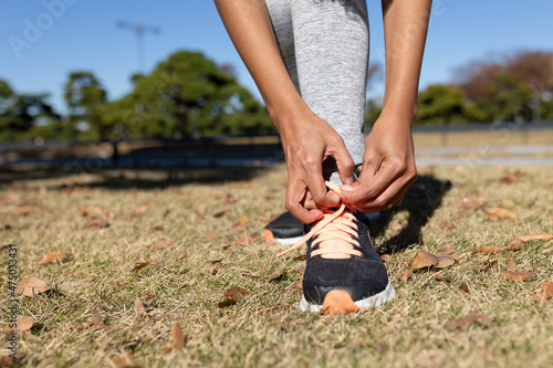 A healthy woman prepares for jogging early morning