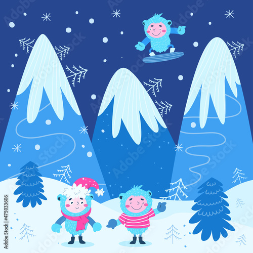 Two cute Yeti are standing in a clearing against the backdrop of mountains.