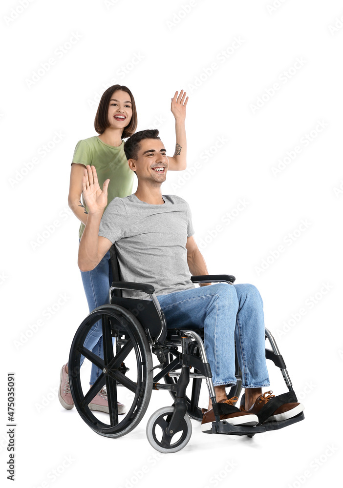 Young man in wheelchair and his wife on white background Young man in wheelchair and his wife on white background