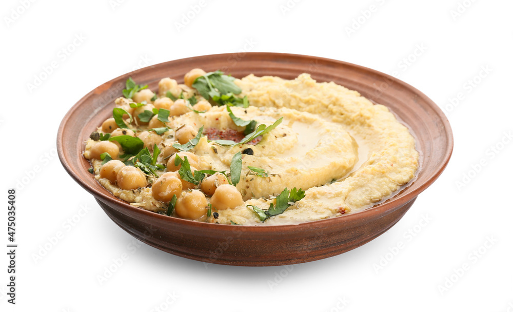 Bowl with delicious hummus on white background Bowl with delicious hummus on white background