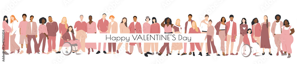 Obraz premium Happy Valentine's day banner. Multinational couples. Flat vector illustration.
