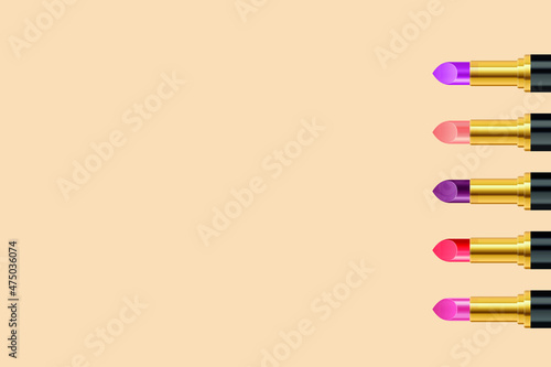 Vector fashion illustration with lipstick icons isolated. Beauty vector illustration good for fashion magazine, journal, article. Make up element. Banner for salon or online store