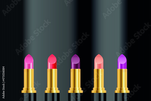 Vector fashion illustration with lipstick icons isolated on a dark background. Beauty vector illustration good for fashion magazine, journal, article. Make up element. Banner for salon or online store