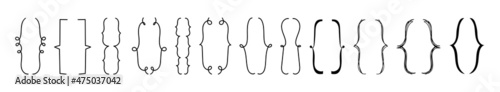 Doodle set of curly braces for text. Hand-drawn brackets in various shapes. Vector doodle illustration of rounded and double parentheses isolated on white.