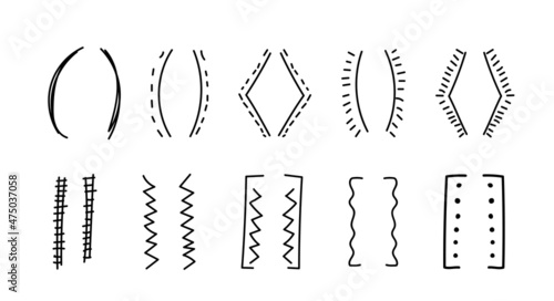 Scribble brackets outline. Doodle decorative round, square brackets isolated on white. Vector illustration of parentheses for text.