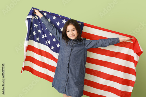 Pupil of language school with USA flag on color background