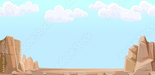 Rocky cliffs. Peaks of rocky mountains. Stone landscape. Sky with clouds. Illustration vector
