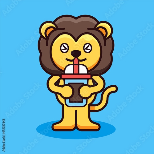Lion Drinking Bubble Tea Mascot Illustration