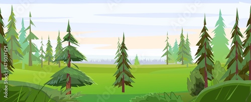 Coniferous Forest Panorama. Pine and rees on Glade. Seamless horizontal illustration in cartoon style flat design. Vector