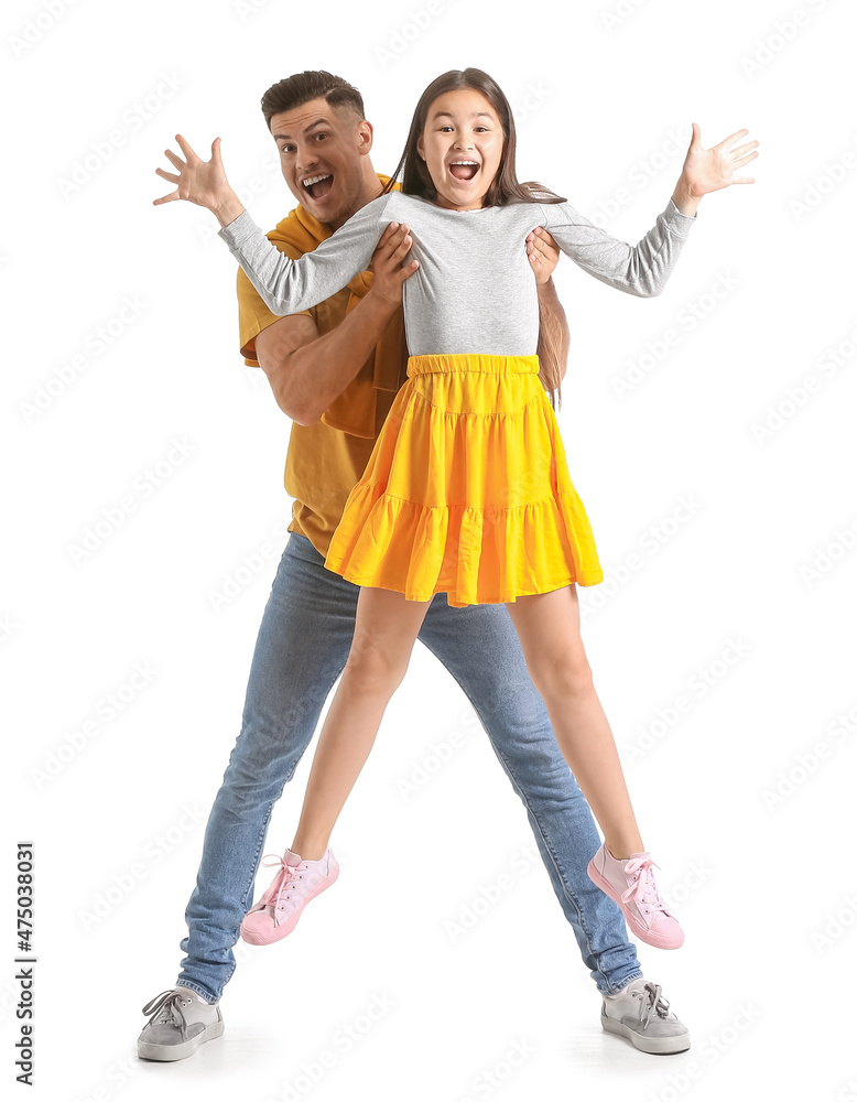 Obraz premium Happy man and his little daughter on white background