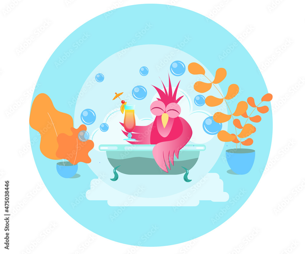 Flamingo bathing and having a good time in a bath with cocktail, recreation, enjoynment, splendid time on vacation. High quality photo Flamingo bathing and having a good time in a bath with cocktail, recreation, enjoynment, splendid time on vacation. High quality photo