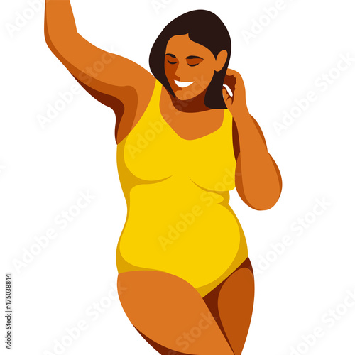 vector bright illustration on the theme of body positive. a young juicy plump girl is not shy about her fat folds on her stomach. isolated on white background. love and accept your body. love yourself