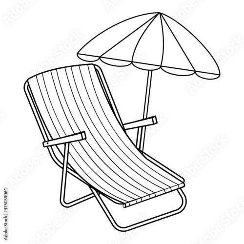 chaise longue with a summer umbrella from the sun, black outline, on a white background