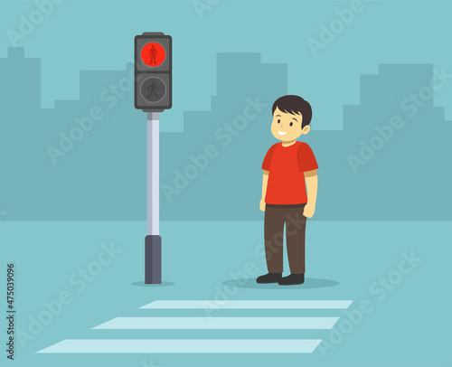 Isolated kid waiting green light of the traffic light at pedestrian crossing. Flat vector illustration template.