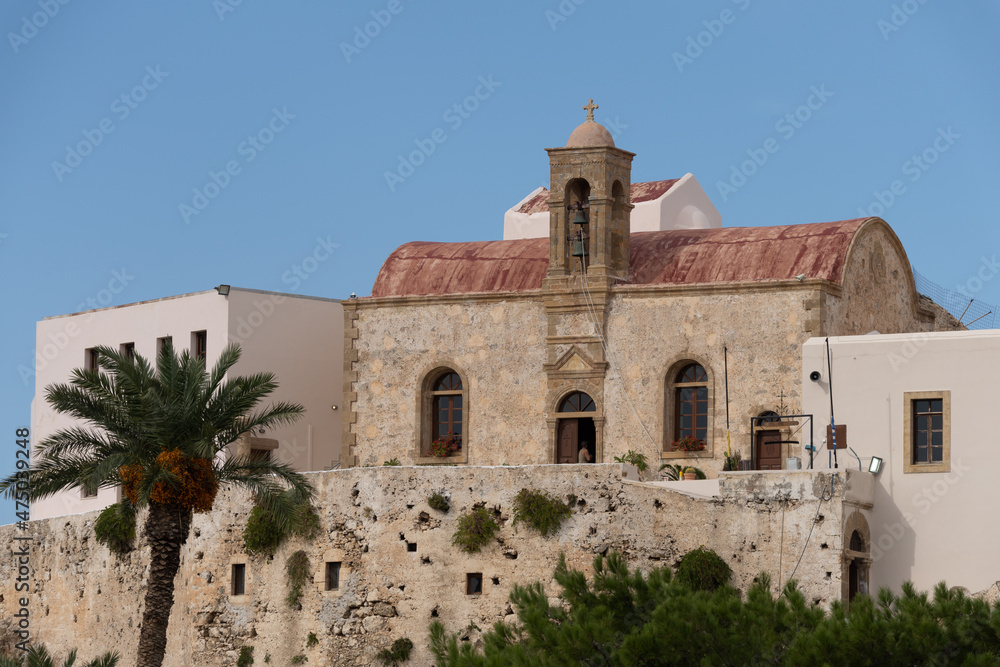 Chrysoskalitissa Monastery, a 17th-century Eastern Orthodox Christian monastery built up on rocks 35 metres above the water facing the Libyan Sea, Southern Crete, Greece