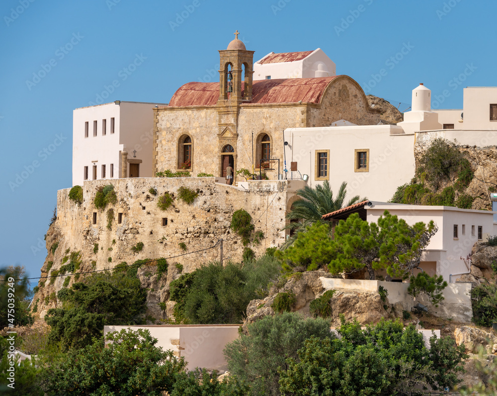 Chrysoskalitissa Monastery, a 17th-century Eastern Orthodox Christian monastery built up on rocks 35 metres above the water facing the Libyan Sea, Southern Crete, Greece