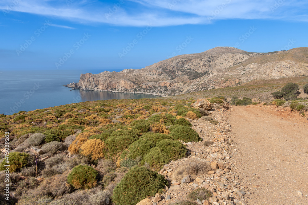 Backroads of the wild southern coast of the island of Crete, Greece. Wonderful landscapes, secluded beaches facing the lybian sea.