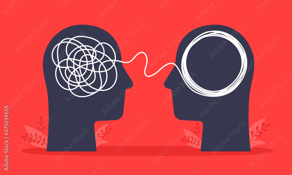 Psychologist consulting or mental problem solving brainstorm concept. Human heads with tangled chaos disorder turns into order line, finding solution. Coach, mentoring psychotherapy. Complex to simple - obrazy, fototapety, plakaty 