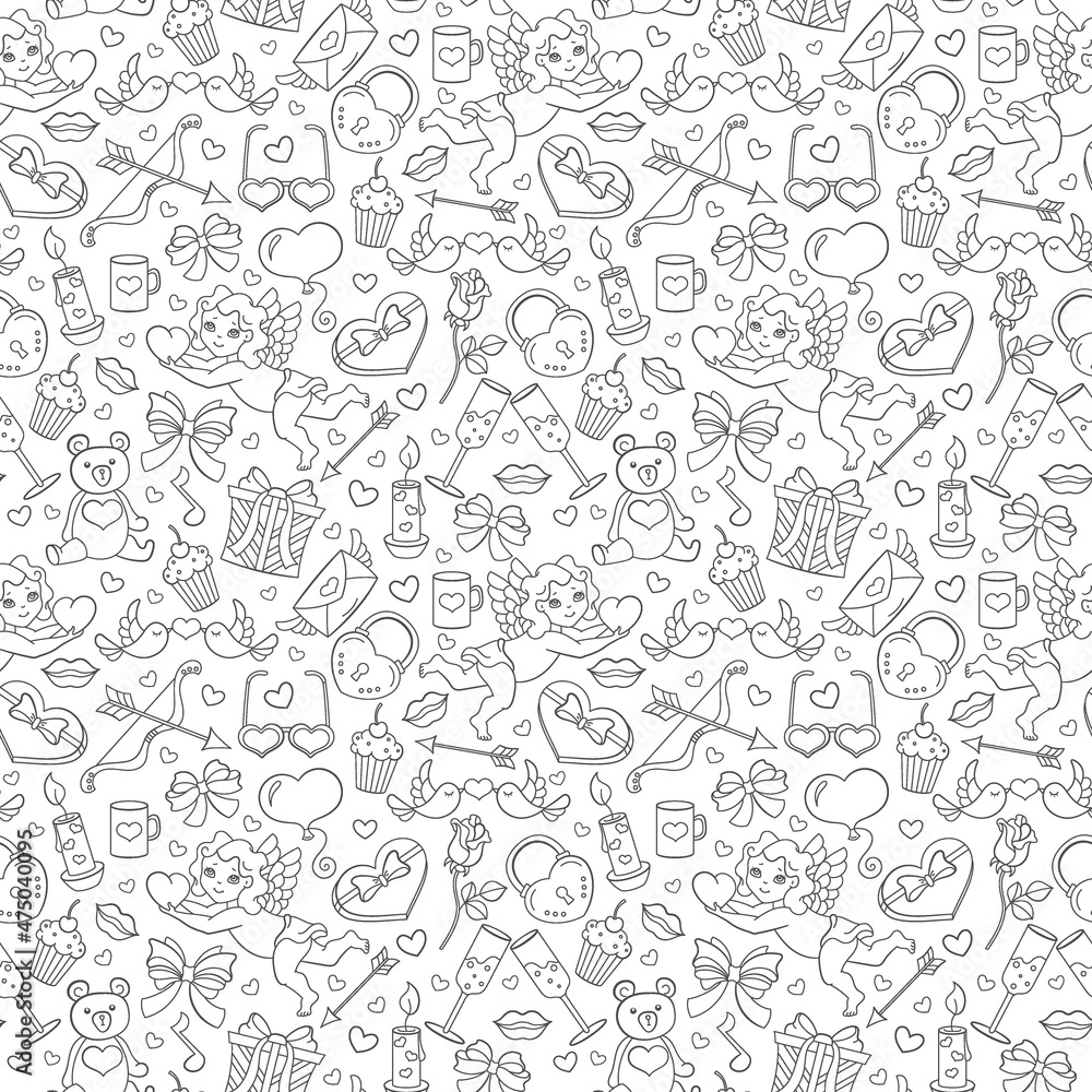 Seamless pattern on the theme of the Valentine's Day holiday, dark contour icons on white background Seamless pattern on the theme of the Valentine's Day holiday, dark contour icons on white background