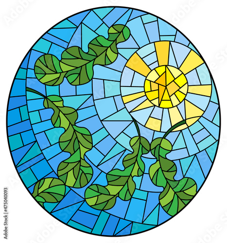 Wallpaper Mural An illustration in the style of stained glass with autumn oak leaves floating on a background of blue sky and sun, oval image Torontodigital.ca