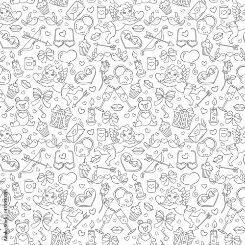 Seamless pattern on the theme of the Valentine's Day holiday, dark contour icons on white background