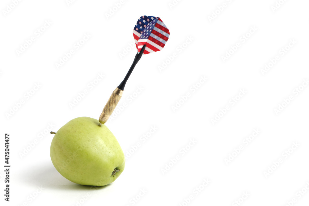 Dart for playing darts with an image plumage flag United States America hitting right in bullseye. Dart for playing darts with an image plumage flag United States America hitting right in bullseye.