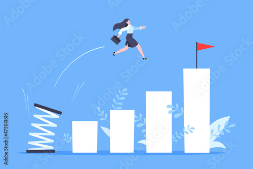 Springboard businesswoman high jump flat style design vector illustration concept. Business person jumps above career ladder. Success growth, motivation opportunity, boost career concept.