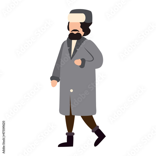 Man with beard winter cold weather clothes, cap, warm coat, boots. Cartoon flat style