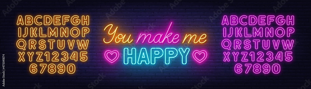 You Make Me Happy neon sign on brick wall background. You Make Me Happy neon sign on brick wall background.
