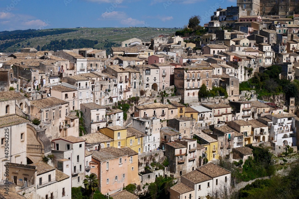Panoramic view of old townhouses in Baroque city Ragusa, UNESCO World Heritage Site. Sicily, Italy.