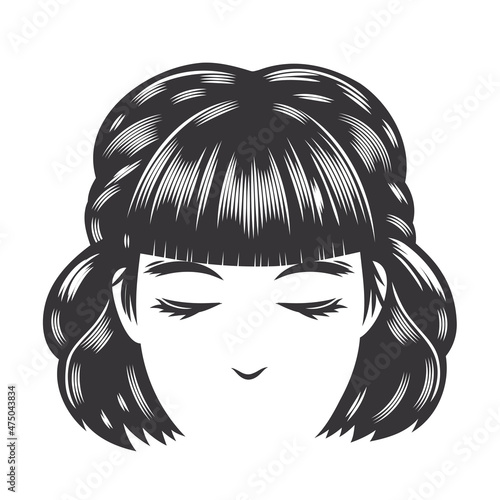 Woman face with vintage hairstyles for middle hair vector line art illustration.