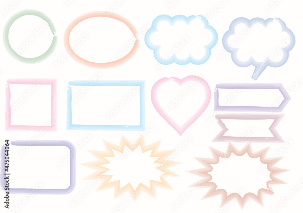 Set of watercolor frames.Crayon drawing speech bubbles.Collection of banner and labels.Pastel color stickers for decorating.Vector illustration.Sign, symbol, icon or logo. Set of watercolor frames.Crayon drawing speech bubbles.Collection of banner and labels.Pastel color stickers for decorating.Vector illustration.Sign, symbol, icon or logo.