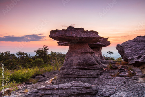The twin rock pillars in Pha Taem National Park, Ubon Ratchathani province, Thailand.