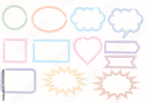 Set of watercolor frames.Crayon drawing speech bubbles.Collection of banner and labels.Pastel color stickers for decorating.Vector illustration.Sign, symbol, icon or logo.