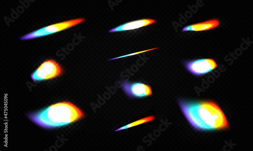 Rainbow crystal light leak flare reflection effect vector illustration set. Colorful optical rainbow lights beam lens flare leak overlay streaks on transparent dark background.